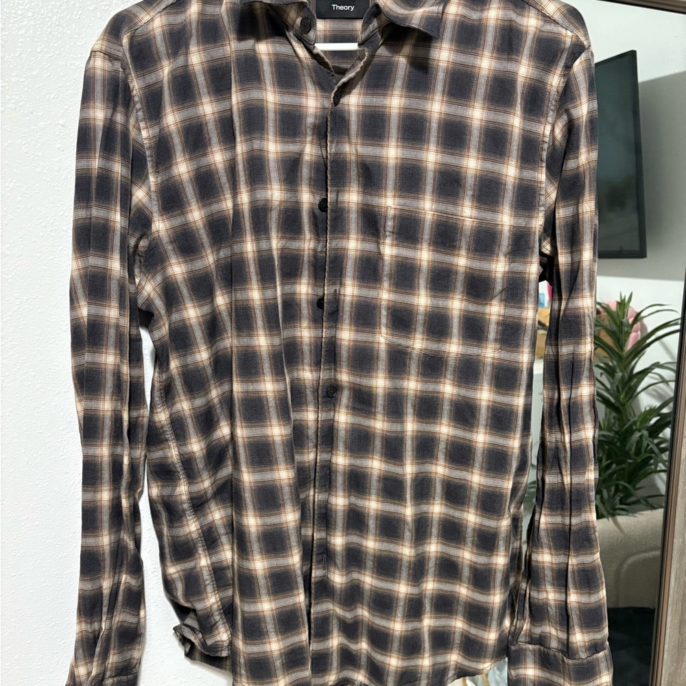 Theory Casual Button Down Shirt Black and Tan